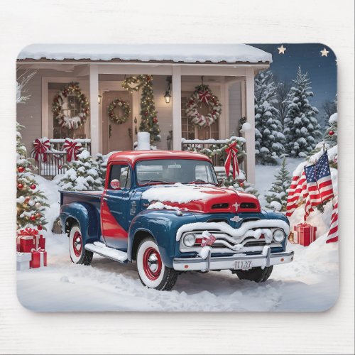 Red  Blue 1950s American Christmas Truck Mouse Pad
