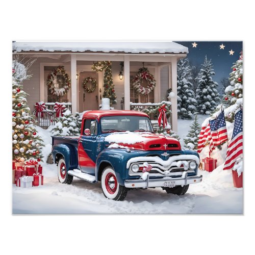Red  Blue 1950s American Christmas Truck Photo Print