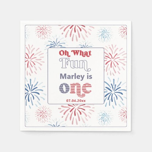 Red Blue 4th Of July Fireworks 1st Birthday Party Napkins