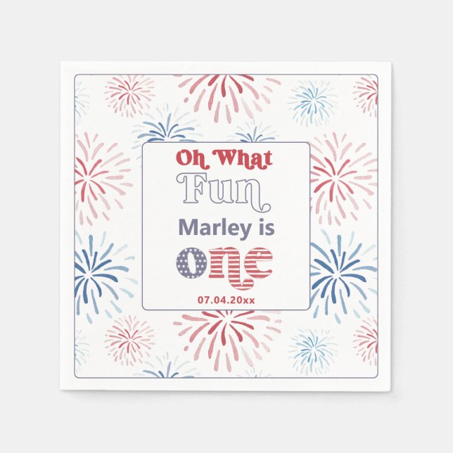 Red Blue 4th Of July Fireworks 1st Birthday Party Napkins (Front)