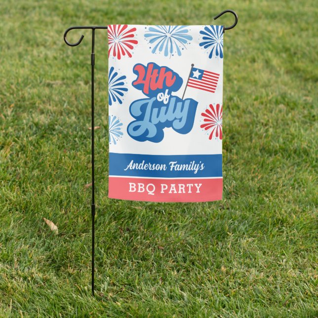 Red & Blue 4th of July Fireworks BBQ Party Welcome Garden Flag (In SItu)
