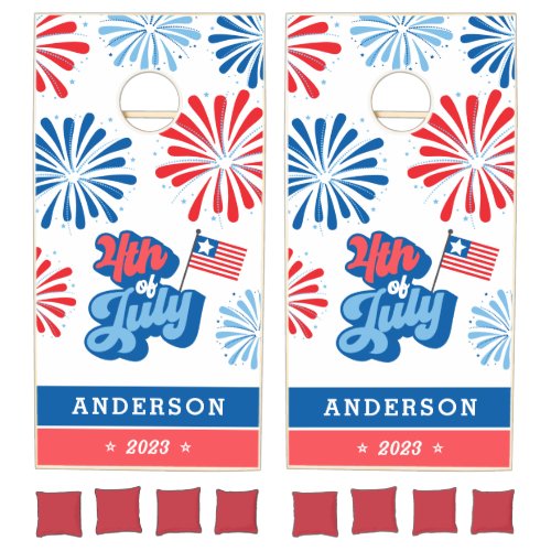 Red  Blue 4th of July Fireworks Family Name Cornhole Set