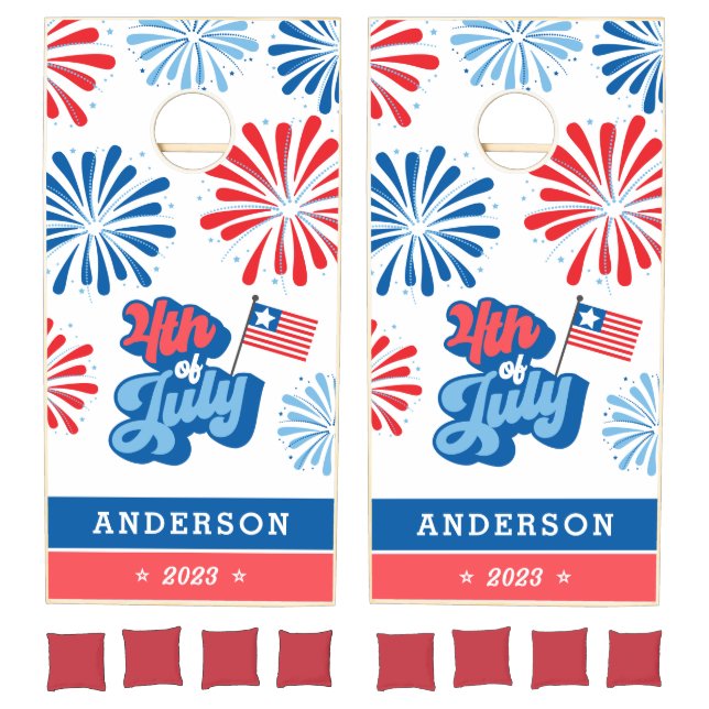 Red & Blue 4th of July Fireworks Family Name Cornhole Set (Set)