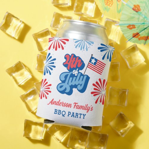 Red  Blue 4th of July Fireworks Retro BBQ Party Can Cooler