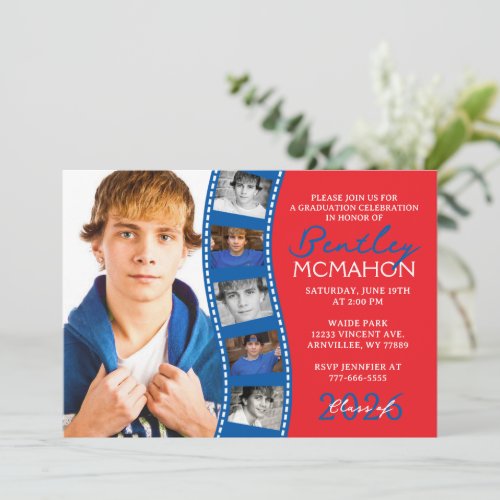 Red  Blue 6 Photo Filmstrip Graduation Collage Invitation