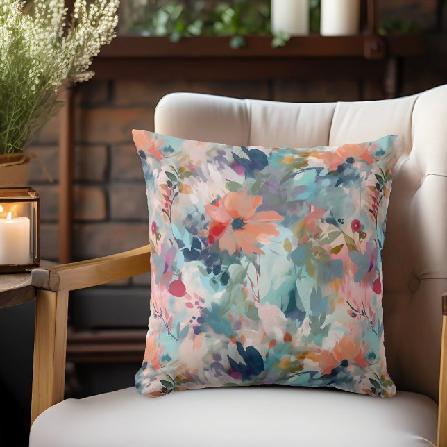 Red Blue Abstract Painting Floral Pattern Throw Pillow (Creator Uploaded)
