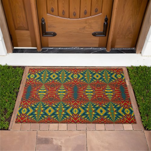  Red Blue Abstract Print Hippie Boho Unique Tribal Doormat