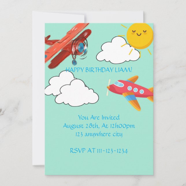 Red Blue Airplane First Birthday Boy Invitation (Front)