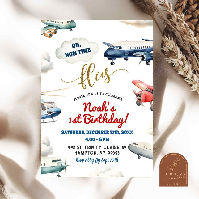 Red Blue Airplane First Birthday Boy Invitation (Creator Uploaded)
