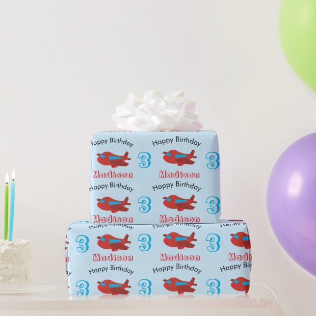 Red & Blue Airplane Pattern Birthday Name & Age Wrapping Paper (Party Gifts)