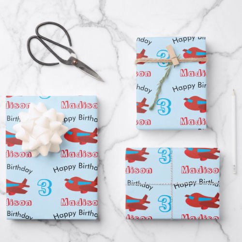 Red  Blue Airplane Pattern Birthday Name  Age Wrapping Paper Sheets