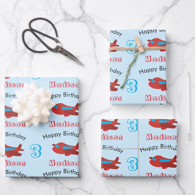 Red & Blue Airplane Pattern Birthday Name & Age Wrapping Paper Sheets (Front)
