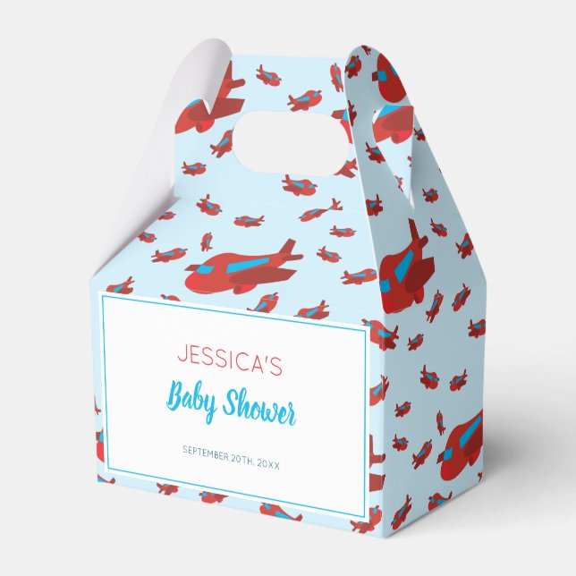 Red Blue Airplane Pattern Boy Baby Shower Favor Boxes (Front Side)