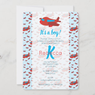 Red Blue Airplane Pattern Boy Baby Shower Invitation