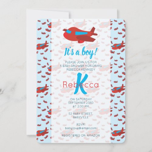 Red Blue Airplane Pattern Boy Baby Shower  Invitation