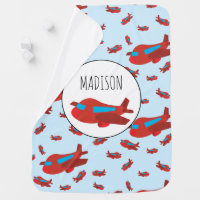 Cute Red and Blue Planes and Clouds Kids Monogram Sherpa Blanket