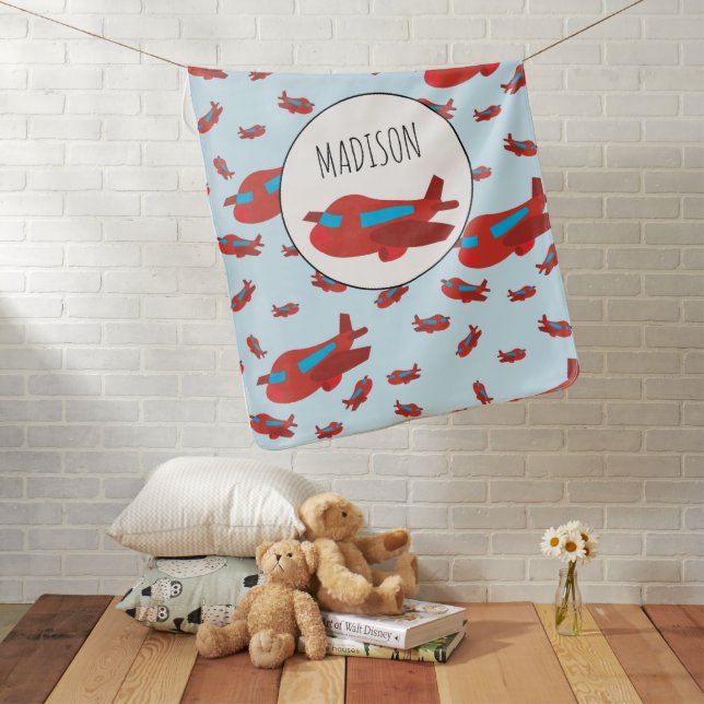 Red & Blue Airplane Pattern Custom Name  Baby Blanket (In Situ)