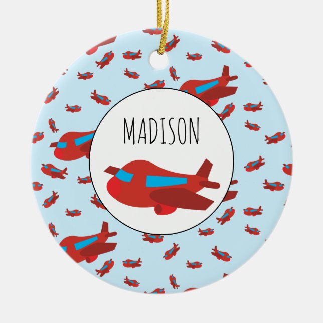 Red & Blue Airplane Pattern Custom Name Ceramic Ornament (Front)