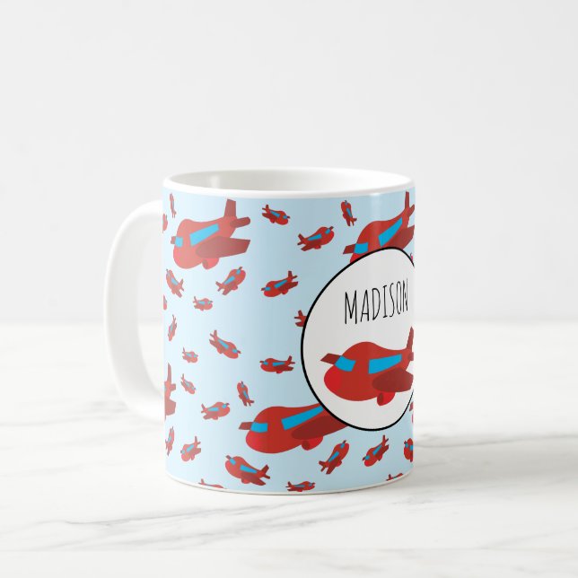 Red & Blue Airplane Pattern Custom Name Coffee Mug (Front Left)