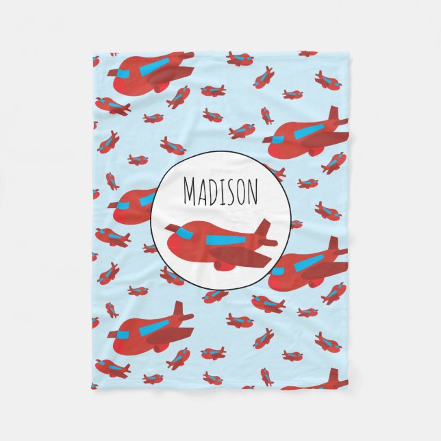 Red & Blue Airplane Pattern Custom Name  Fleece Blanket (Front)