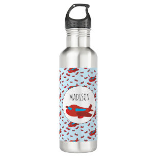 Red & Blue Airplane Pattern Custom Name Stainless Steel Water Bottle
