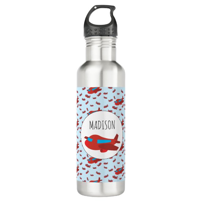 Red & Blue Airplane Pattern Custom Name Stainless Steel Water Bottle (Front)