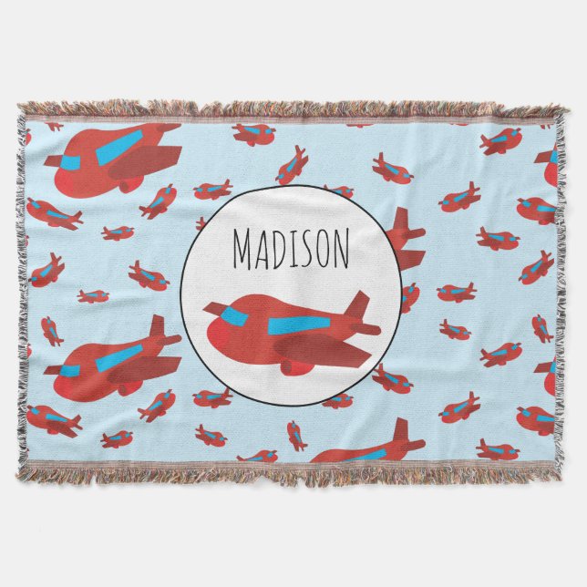 Red & Blue Airplane Pattern Custom Name Throw Blanket (Front)