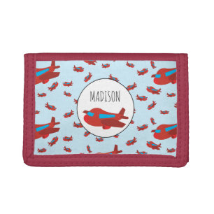 Red & Blue Airplane Pattern Custom Name Trifold Wallet