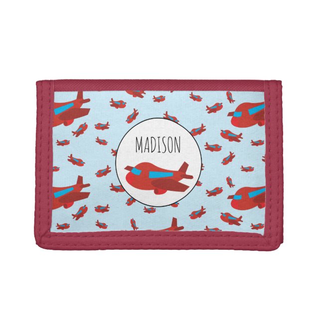 Red & Blue Airplane Pattern Custom Name  Trifold Wallet (Front)