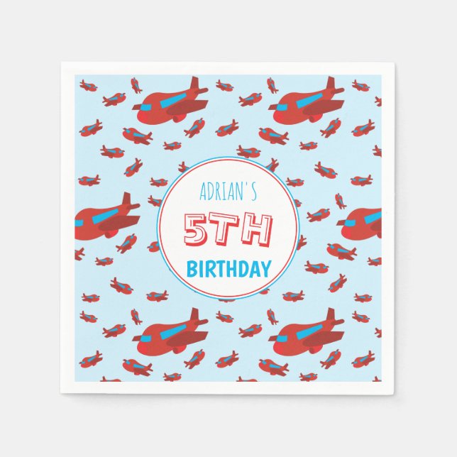 Red Blue Airplane Pattern Kids Boys Girls Birthday Napkins (Front)