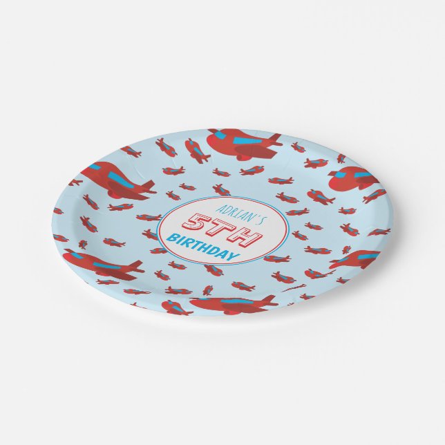 Red Blue Airplane Pattern Kids Boys Girls Birthday Paper Plates (Angled)