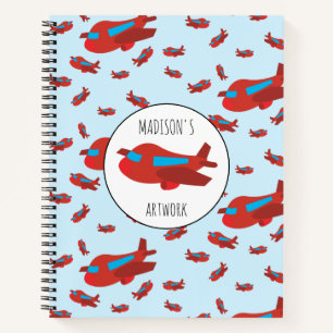 Red & Blue Airplane Pattern Kids Name Sketchbook Notebook