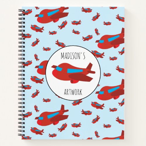 Red  Blue Airplane Pattern Kids Name Sketchbook Notebook