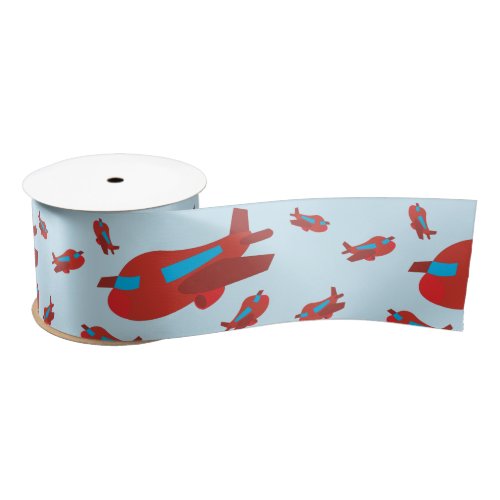 Red  Blue Airplane Pattern Satin Ribbon