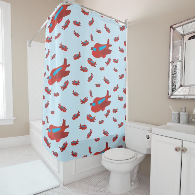 Red & Blue Airplane Pattern Shower Curtain (In Situ)