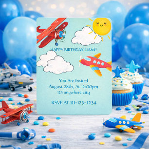 Red Blue airplanes boy birthday invitation