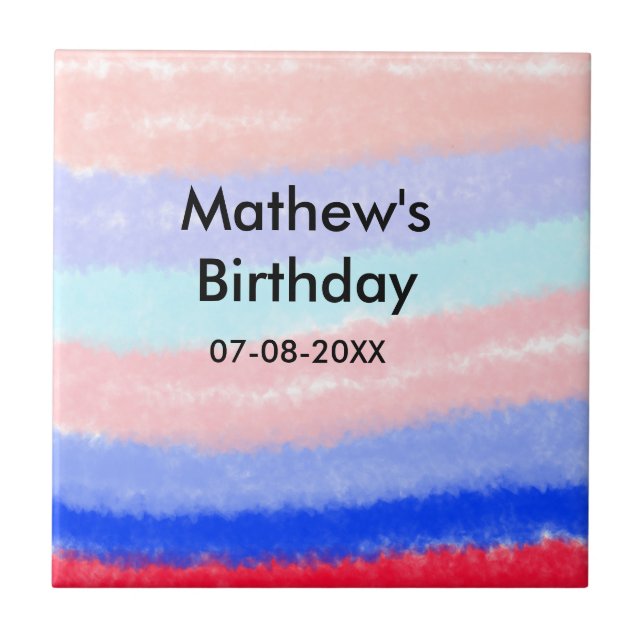 Red blue American boy birthday add name date  Ceramic Tile (Front)