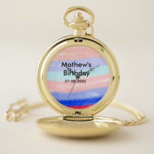 Red blue American boy birthday add name date Pocket Watch
