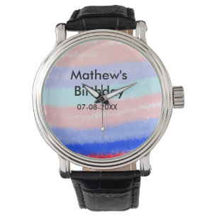 Red blue American boy birthday add name date Watch