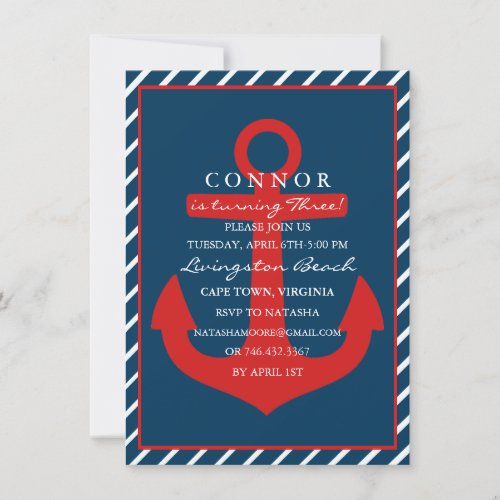 Red  Blue Anchor Birthday Invitation