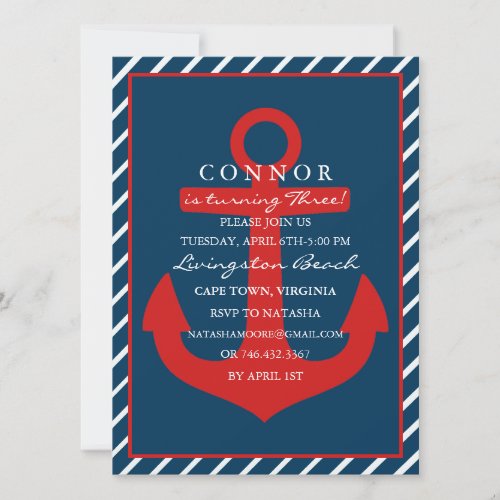 Red  Blue Anchor Birthday Invitation