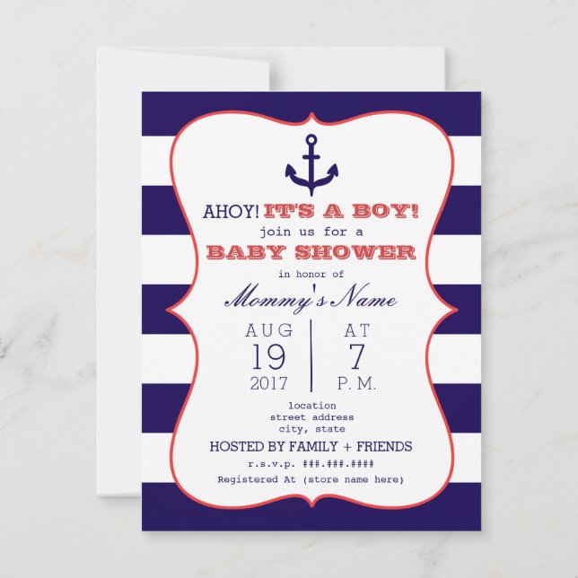 Red + Blue Anchor + Stripes Boy Baby Shower Invitation (Back)