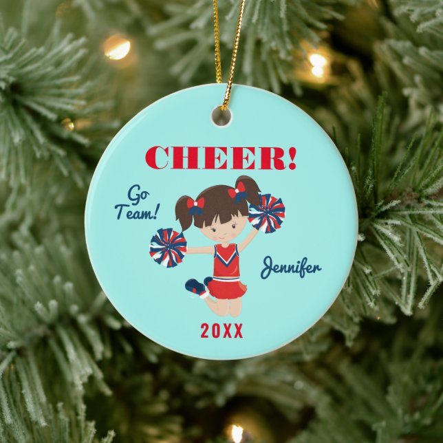 Red, Blue and Aqua Cheer Brunette Cheerleader Cera Ceramic Ornament (Tree)