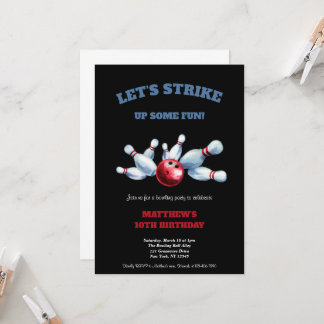 RED,BLUE AND BLACK BOWLING BIRTHDAY PARTY  INVITATION