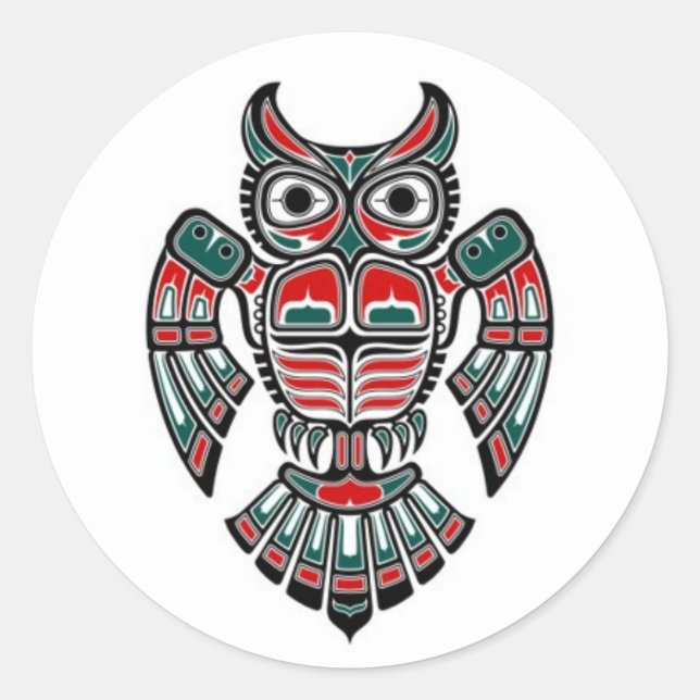 Red Blue and Black Haida Spirit Owl Classic Round Sticker (Front)