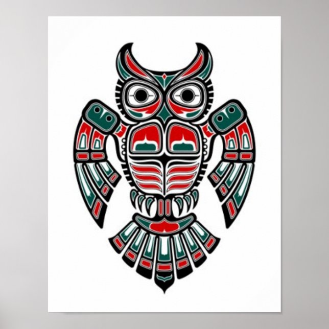 Red Blue and Black Haida Spirit Owl Poster (Front)