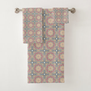 Red blue and cream colorful patterned bath towel set