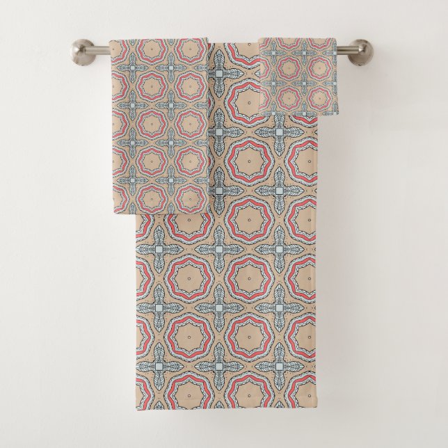 Red blue and cream colorful patterned  bath towel set (Insitu)