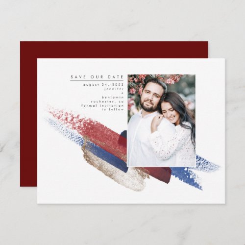Red Blue and Gold Modern Save the Date Photo