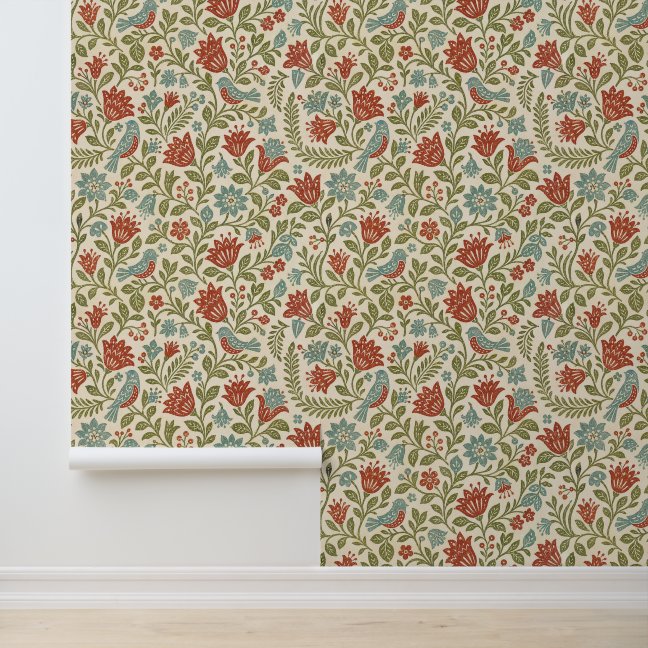 Red Blue and Green Small Floral Botanical Pattern Wallpaper